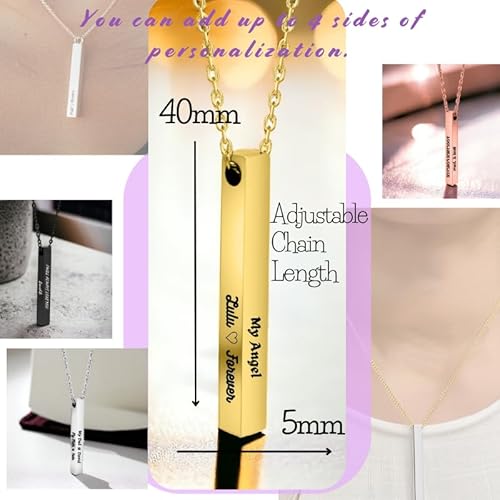 Personalized Vertical Bar Necklace for Women 4 Sides Engraved Custom 18K Gold Plated,Name Necklace 925 Sterling Silver Customized Jewelry Christmas Gifts for Mom