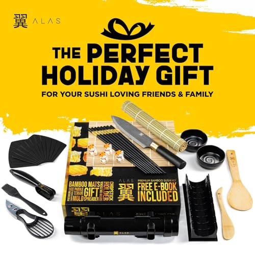 Alas Sushi Making Kit- Complete Sushi Making Kit for Beginners & Pros Sushi Makers, Perfect Sushi Making Kitchen Accessories Like Sushi Knife, 2 Sushi Mats, Rice Bazooka, Dipping Plate, & More (Black)