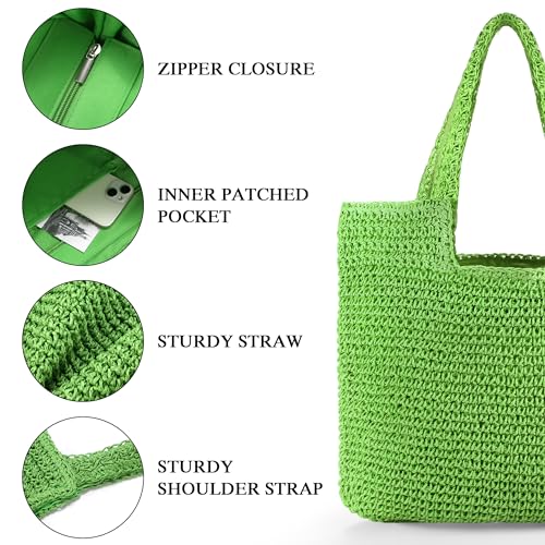 Straw Bag Beach Tote Handbag for Women Large Summer Woven Raffia Bag with Zipper