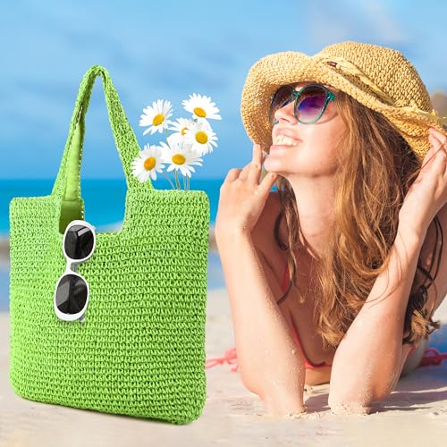 Straw Bag Beach Tote Handbag for Women Large Summer Woven Raffia Bag with Zipper