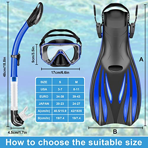 Snorkeling Gear for Adults Kids - Mask Fins Snorkel Set with Panoramic View Snorkel Mask Anti-Fog Anti-Leak, Dry Top Snorkel, Dive Flippers and Gear Bag, Snorkeling Diving Safety Gear