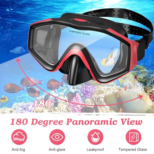 Snorkeling Gear for Adults, Dry Top Snorkel Mask Set 2 Pack Scuba Diving Mask Snorkel Gear Anti Fog Snorkeling Packages Tempered Glass Panoramic View