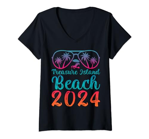 Womens Summer Sunglass Florida Treasure Island Beach 2024 V-Neck T-Shirt