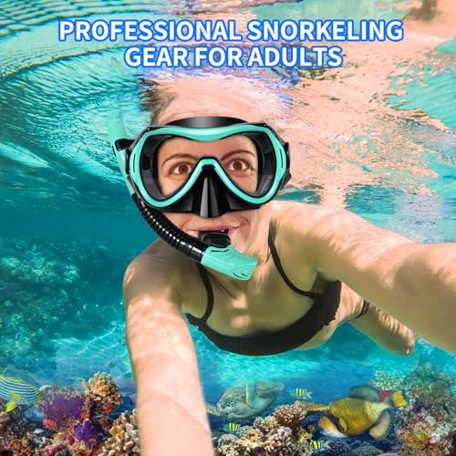 Snorkeling Gear for Adults, Snorkel Mask Adult Snorkel Set, Dry Top Snorkeling Gear for Adults, 180°Panoramic Wide View Anti-Fog Tempered Glass Scuba Diving Mask for Snorkeling Swimming Travel