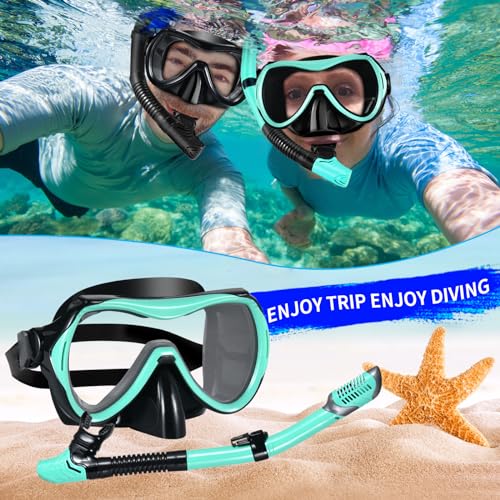 Snorkeling Gear for Adults, Snorkel Mask Adult Snorkel Set, Dry Top Snorkeling Gear for Adults, 180°Panoramic Wide View Anti-Fog Tempered Glass Scuba Diving Mask for Snorkeling Swimming Travel