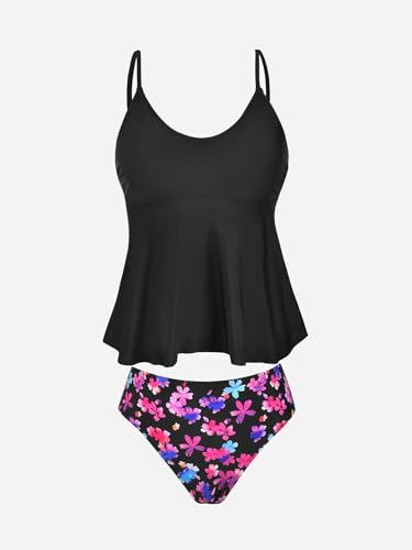 CUPSHE Women's Tankini Sets Two Piece Swimsuit Scoop Neck Mid Rise Adjustable Straps Ruffled Hem