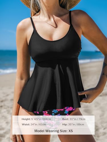 CUPSHE Women's Tankini Sets Two Piece Swimsuit Scoop Neck Mid Rise Adjustable Straps Ruffled Hem