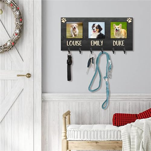 Personalized Photo Dog Leash Holder Custom Wooden Leash Hanger for Wall Dog Leash Rack Wall Mount Organizer Housewarming Birthday Home Decor Gifts for Pet Lovers(2 Dogs,5.7 * 11.8 inches)