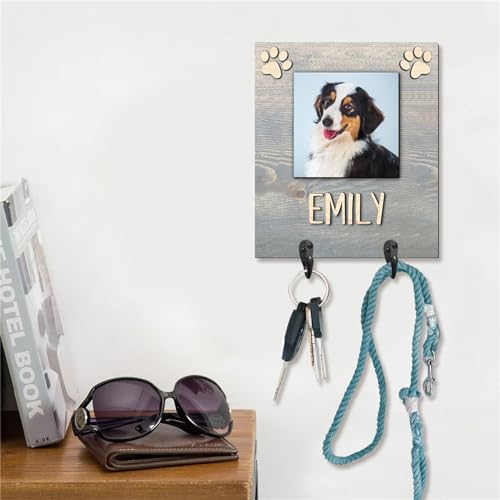 Personalized Photo Dog Leash Holder Custom Wooden Leash Hanger for Wall Dog Leash Rack Wall Mount Organizer Housewarming Birthday Home Decor Gifts for Pet Lovers(2 Dogs,5.7 * 11.8 inches)