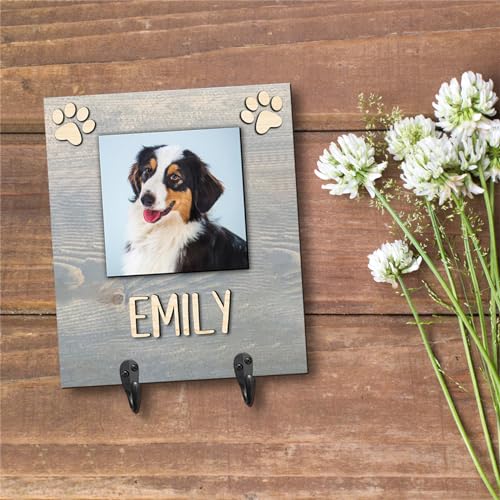 Personalized Photo Dog Leash Holder Custom Wooden Leash Hanger for Wall Dog Leash Rack Wall Mount Organizer Housewarming Birthday Home Decor Gifts for Pet Lovers(2 Dogs,5.7 * 11.8 inches)