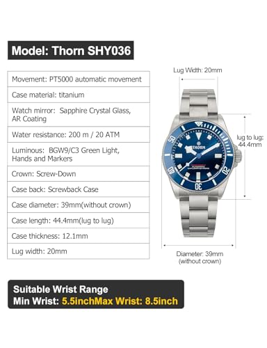 Thorn Watches for Men 39mm Titanium Dive Watch PT5000 Automatic Mechanical Sapphire Crystal Luminous 200M Water Resistant, SHY036 Blue