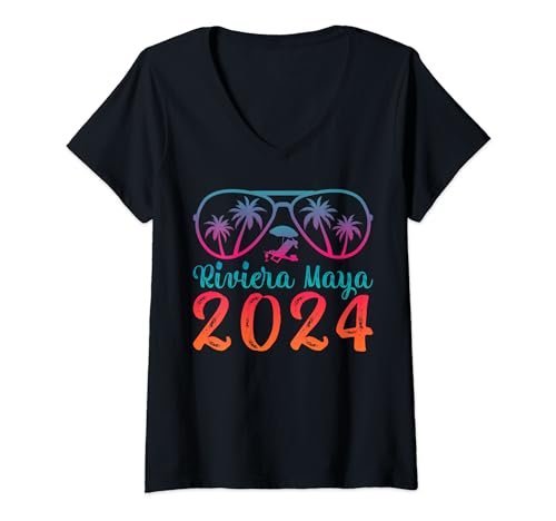 Womens Summer Sunglass Mexico Riviera Maya Beach 2024 V-Neck T-Shirt