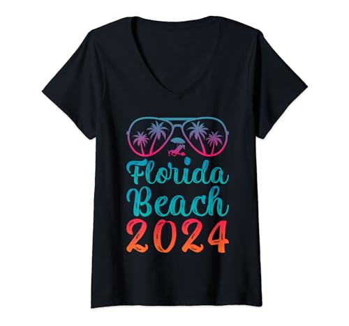 Womens Beach Vacation Summer Sunglass Florida Beach 2024 V-Neck T-Shirt