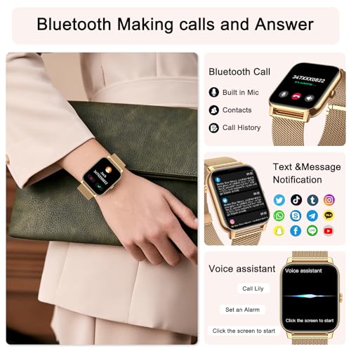 Smart Watch for Women Fitness Tracker: Gold Smart Watches for Women Digital Mens Watches Make/Answer Call Waterproof Running Smartwatch Android Phone iPhone Samsung Compatible Heart Rate Monitor