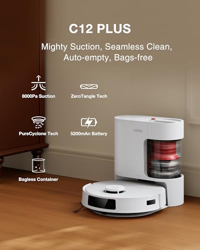 Yeedi C12 Plus Robot Vacuum and Mop, 8000Pa Strong Suction, 7-Week Dust Storage, Bagless Dust Bin, PureCyclone Tech, ZeroTangle Brush, White