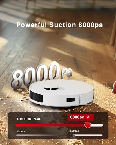 Yeedi C12 Plus Robot Vacuum and Mop, 8000Pa Strong Suction, 7-Week Dust Storage, Bagless Dust Bin, PureCyclone Tech, ZeroTangle Brush, White