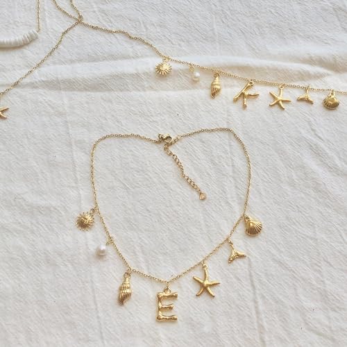 Gold Initial Charm Necklaces for Women Girls, Boho Surfer Beach Letter Necklace 14K Gold Plated A-Z Pendant Alphabet Choker Necklace Personalized Monogram Name Necklace Beach Jewelry for Women Gift