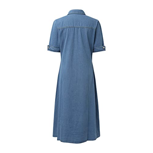 Womens Summer Jean Dresses Collared Roll-Up Short Sleeve Maxi Dress Button Down Casual Denim Shirt Dress with Pockets