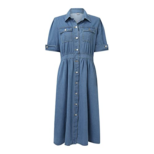 Womens Summer Jean Dresses Collared Roll-Up Short Sleeve Maxi Dress Button Down Casual Denim Shirt Dress with Pockets