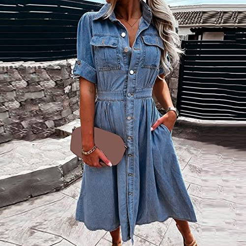 Womens Summer Jean Dresses Collared Roll-Up Short Sleeve Maxi Dress Button Down Casual Denim Shirt Dress with Pockets