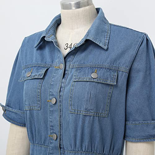 Womens Summer Jean Dresses Collared Roll-Up Short Sleeve Maxi Dress Button Down Casual Denim Shirt Dress with Pockets