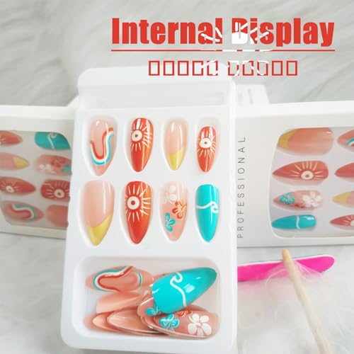 24Pcs Summer Sun Press on Nails French Tips Manicure Art Medium Almond Acrylic False Nails Stick on Nails with Waves Design, Glossy Colorful Curve Line Fake Nails Gel Glue on Nails for Women Girls