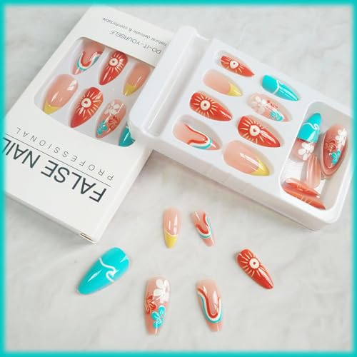 24Pcs Summer Sun Press on Nails French Tips Manicure Art Medium Almond Acrylic False Nails Stick on Nails with Waves Design, Glossy Colorful Curve Line Fake Nails Gel Glue on Nails for Women Girls