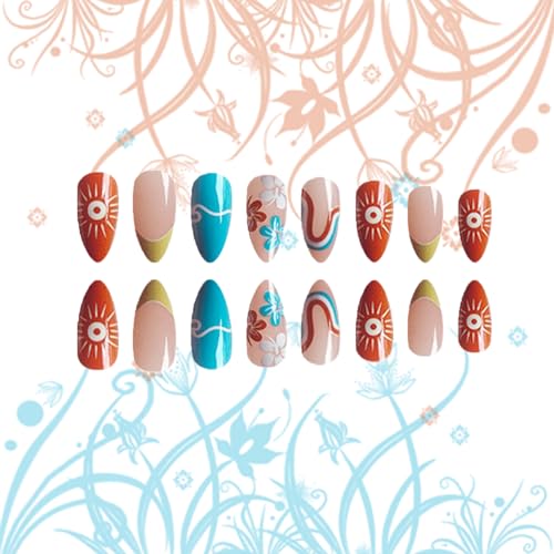 24Pcs Summer Sun Press on Nails French Tips Manicure Art Medium Almond Acrylic False Nails Stick on Nails with Waves Design, Glossy Colorful Curve Line Fake Nails Gel Glue on Nails for Women Girls