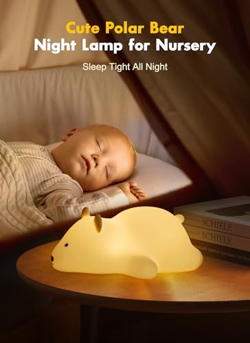 Minetom Kawaii Polar Bear Night Light for Kids, Cute Silicone Night Light with 2 Levels Brightness, 7 Colors Rechargeable Lamp for Bedroom, Girls and Boys, Toddler, Nursery, Baby Gifts, Tap Control