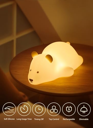 Minetom Kawaii Polar Bear Night Light for Kids, Cute Silicone Night Light with 2 Levels Brightness, 7 Colors Rechargeable Lamp for Bedroom, Girls and Boys, Toddler, Nursery, Baby Gifts, Tap Control