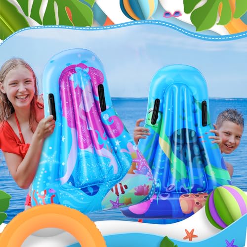 Inflatable Surf Body Board with Handles, Kids Inflatable Surfboard for Beach Shark Mermaid Turtle Octopus Pool Floating Surfboard for Kids Learning Surfing(4 Pcs)