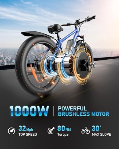 EB26 Electric Bike for Adults Peak 1500W Electric Bicycle 48V 15AH (720WH) Battery Electric Bike 26" Fat Tire Mountain 28mph 7 Speed Gears Dual Shock Absorber Electric Bike