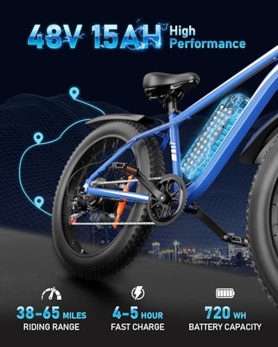 EB26 Electric Bike for Adults Peak 1500W Electric Bicycle 48V 15AH (720WH) Battery Electric Bike 26" Fat Tire Mountain 28mph 7 Speed Gears Dual Shock Absorber Electric Bike