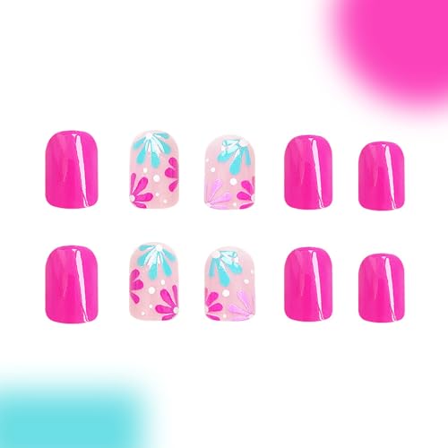 24Pcs Flower Press on Nails Short Square Fake Nails Blue Pink Stick on Nails Full Cover Flowers False Nail Tips Acrylic Spring Summer Glue on Nails Cute Floral Nail Art Decorations for Women