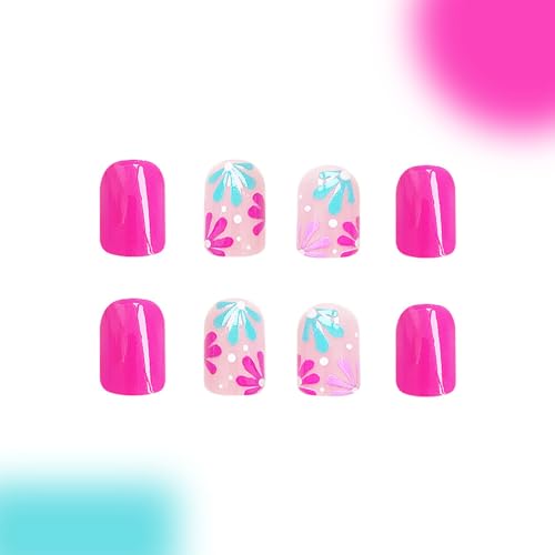 24Pcs Flower Press on Nails Short Square Fake Nails Blue Pink Stick on Nails Full Cover Flowers False Nail Tips Acrylic Spring Summer Glue on Nails Cute Floral Nail Art Decorations for Women