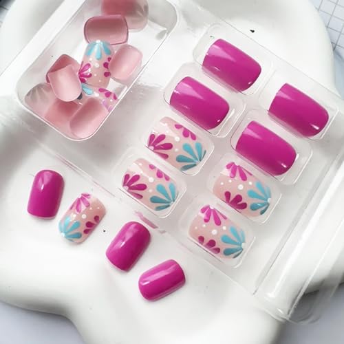 24Pcs Flower Press on Nails Short Square Fake Nails Blue Pink Stick on Nails Full Cover Flowers False Nail Tips Acrylic Spring Summer Glue on Nails Cute Floral Nail Art Decorations for Women