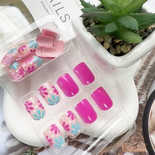 24Pcs Flower Press on Nails Short Square Fake Nails Blue Pink Stick on Nails Full Cover Flowers False Nail Tips Acrylic Spring Summer Glue on Nails Cute Floral Nail Art Decorations for Women