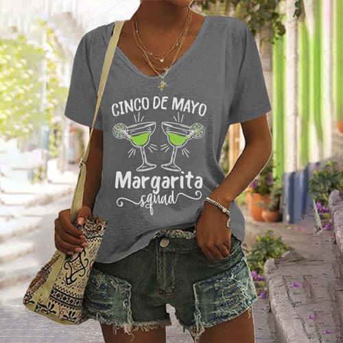 Cinco De Mayo Shirts for Women 2024 V Neck Short Sleeve Funny Cap Graphic Tees Casual Loose Mexican Festivals Tshirt