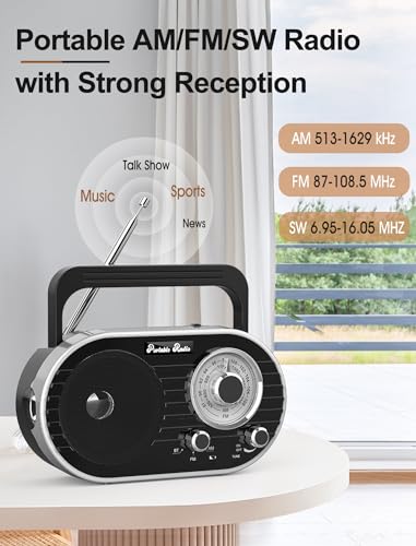 Portable AM FM SW Radio with Bluetooth,4000mAh Rechargeable Radio with Big Speaker,Flashlight,Large Knob,Earphone Jack,4 AA Battery Operated Radio,Transistor Radio with Best Reception for Home&Outdoor