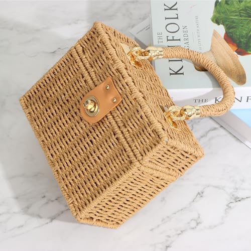 Oweisong Rattan Purse for Women Summer Straw Tote Handbag Woven Bakset Crossbody Bag Trendy Beach Top Handle Bag