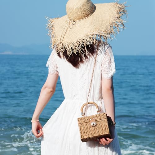 Oweisong Rattan Purse for Women Summer Straw Tote Handbag Woven Bakset Crossbody Bag Trendy Beach Top Handle Bag