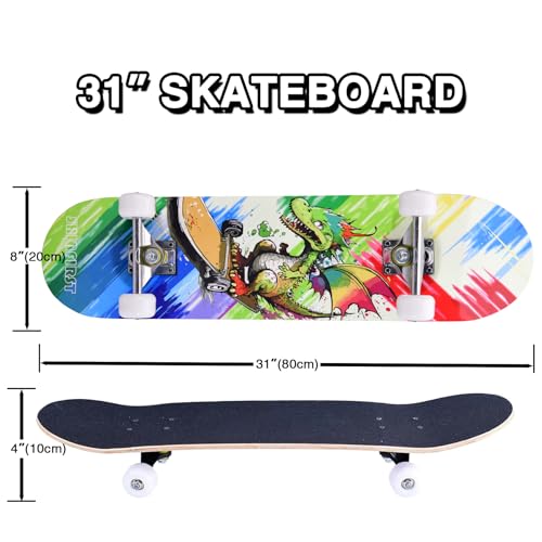 Skateboards for Beginners Kids Boys Girls Teens and Adults, 31 Inch Complete Standard Skateboards with 7-Layer Maple Double Kick Deck Unicorn and Skull Design