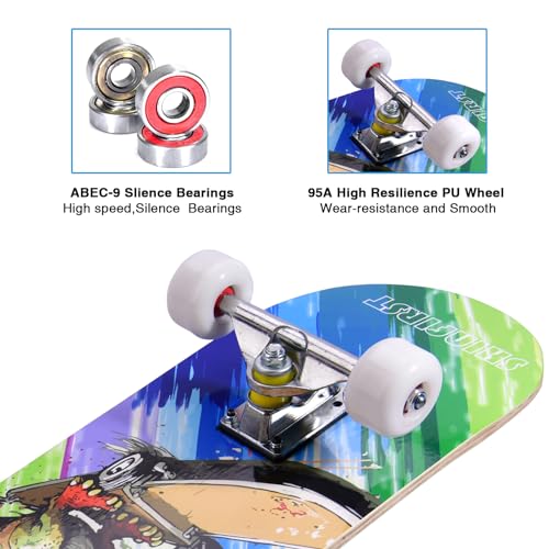 Skateboards for Beginners Kids Boys Girls Teens and Adults, 31 Inch Complete Standard Skateboards with 7-Layer Maple Double Kick Deck Unicorn and Skull Design