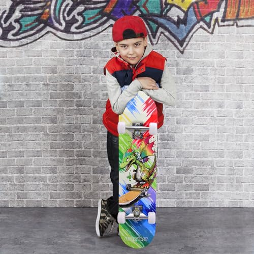 Skateboards for Beginners Kids Boys Girls Teens and Adults, 31 Inch Complete Standard Skateboards with 7-Layer Maple Double Kick Deck Unicorn and Skull Design