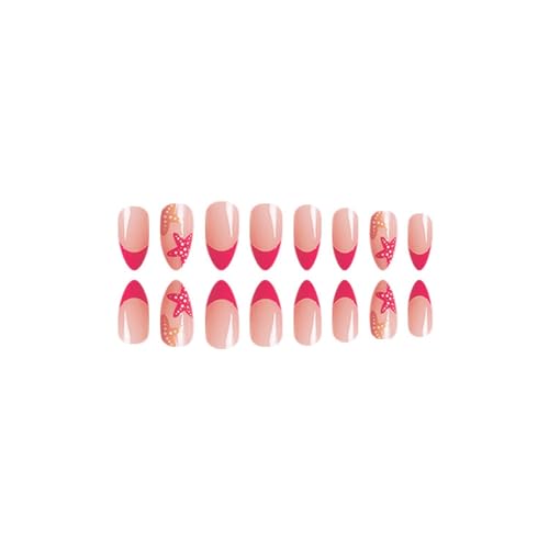 Summer Press on Nails Almond Fake Nails Colorful Glue on Nails with Design Glossy Acrylic Nails Full Cover Glossy Stick on Nails Artificial Nails for Women Girls (Pink French tip)