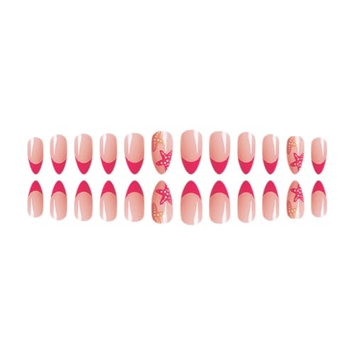 Summer Press on Nails Almond Fake Nails Colorful Glue on Nails with Design Glossy Acrylic Nails Full Cover Glossy Stick on Nails Artificial Nails for Women Girls (Pink French tip)