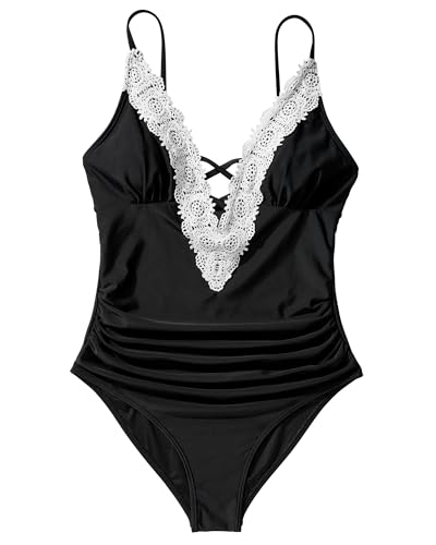 SUUKSESS Women Sexy Lace V Neck One Piece Swimsuit Tummy Control Bathing Suit