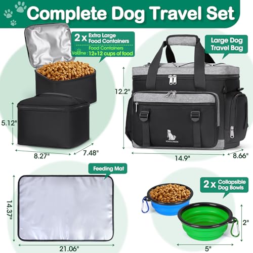 IGOLUMON Dog Travel Bag Large Pet Travel Bags Set for Supplies Weekend Dog Travel Kit Tote Organizer Multi-Pockets Dog Food Travel Bag with 2 Extra Large Food Containers, 2 Dog Bowls, 1 Feeding Mat