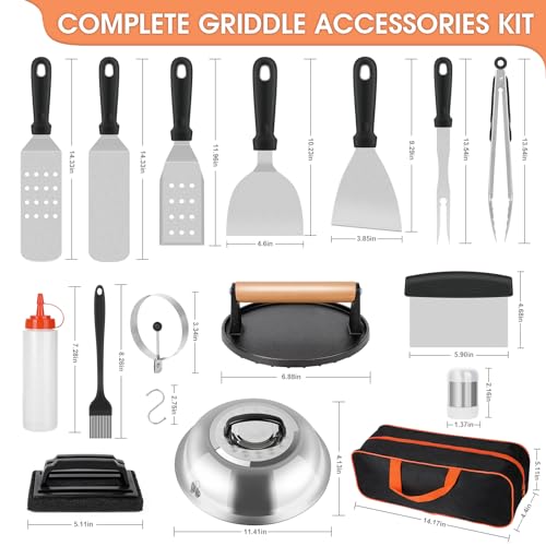 Griddle Accessories Kit, 29 PCS Flat Top Grill Accessories Set for Blackstone and Camp Chef, Metal Grill Spatula Set with Basting Cover, Burger Press, Tongs, Carry Bag for Outdoor Grilling BBQ