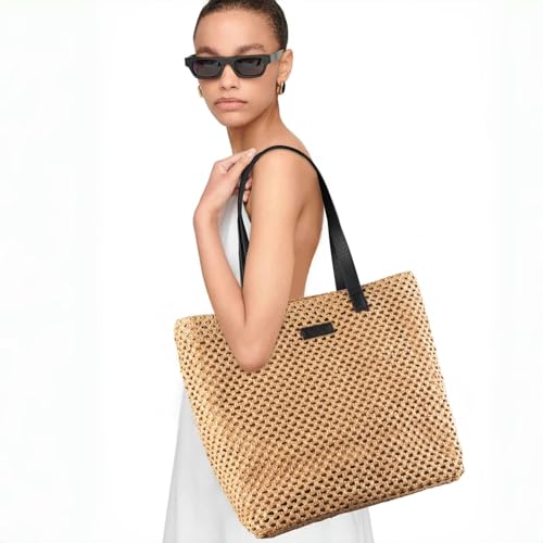 YXILEE Straw Bag for Women - Summer Beach Foldable Staw Tote Bag - Handmade Large Zipper Woven Shoulder Bags Pool for Summer